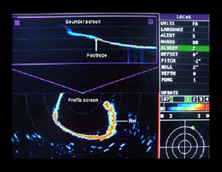 Display panel is showing depth of headrope, water temperature, DC voltage to sled, and tow timer.