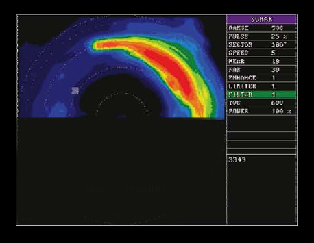 Wide sound beam which scans hundreds of meters in front of the vessel to identify the composition of the bottom