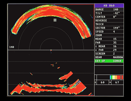 The WESMAR HD860 bottom typing dual beam showing hard bottom reef that could tear up a net.