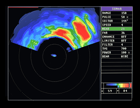 A wide sound beam scans hundreds of meters in front of the vessel to identify the composition of the bottom 